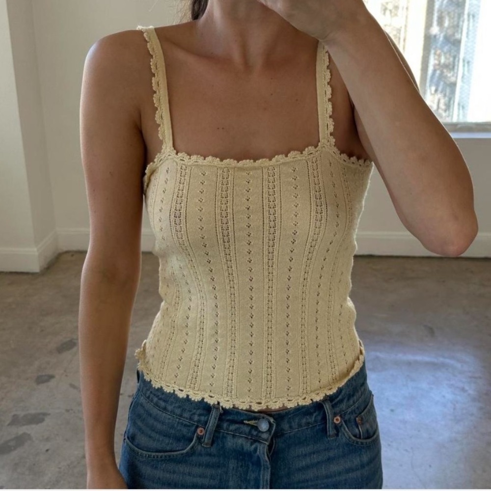 NWT Doen Merise Pointelle Alpaca Silk Square Neck Knit Cami Top Buttercream